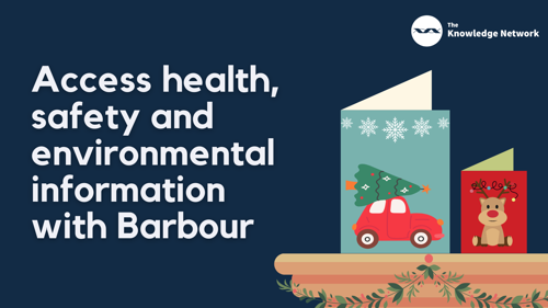 Christmas cards on a mantelpiece showing a car with a precarious Christmas tree on top and a reindeer with Christmas lights tangled in its reindeer: Access health, safety and environmental information with Barbour