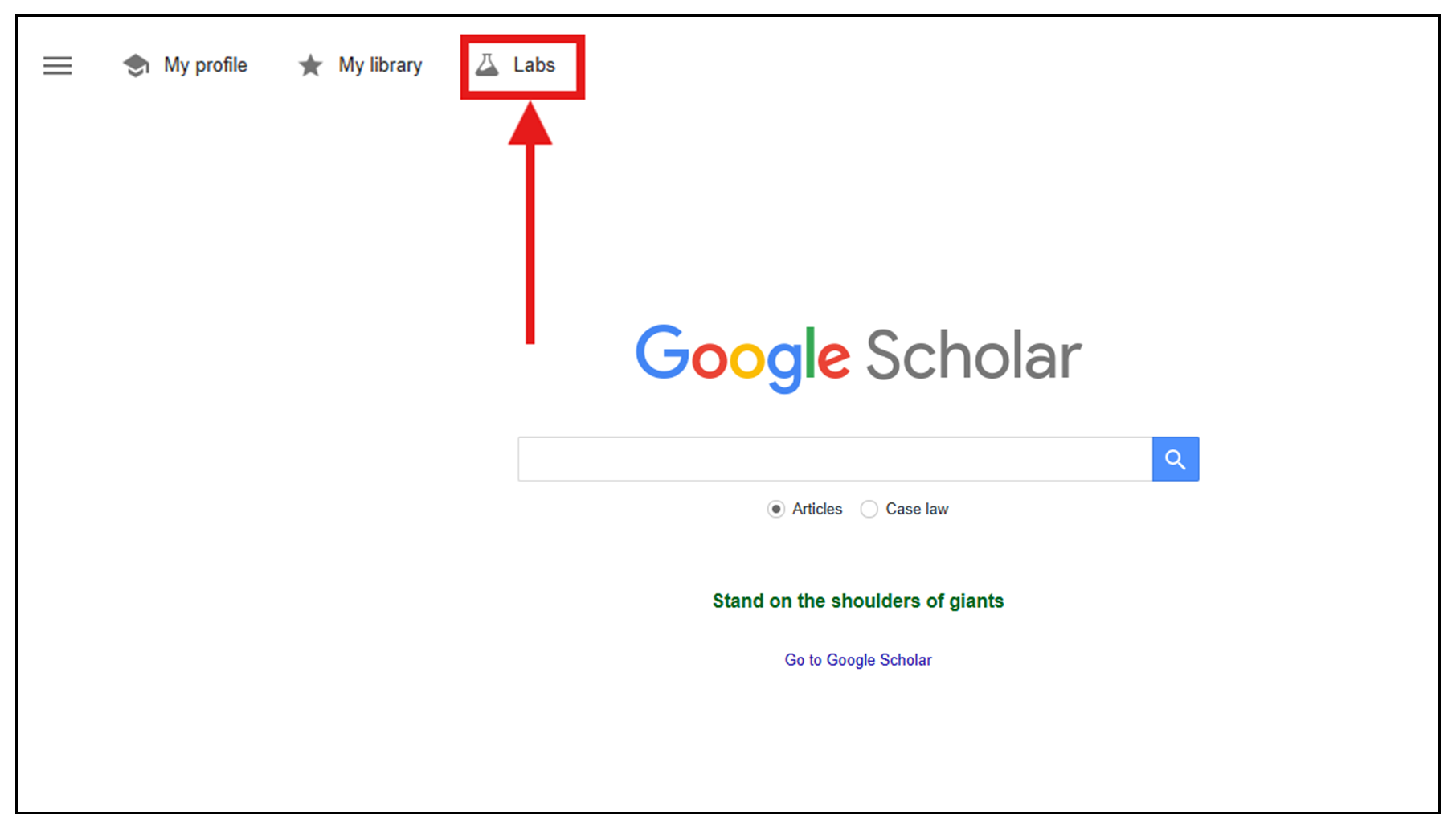 Google Scholar homepage with 'Labs' option at the top highlighted